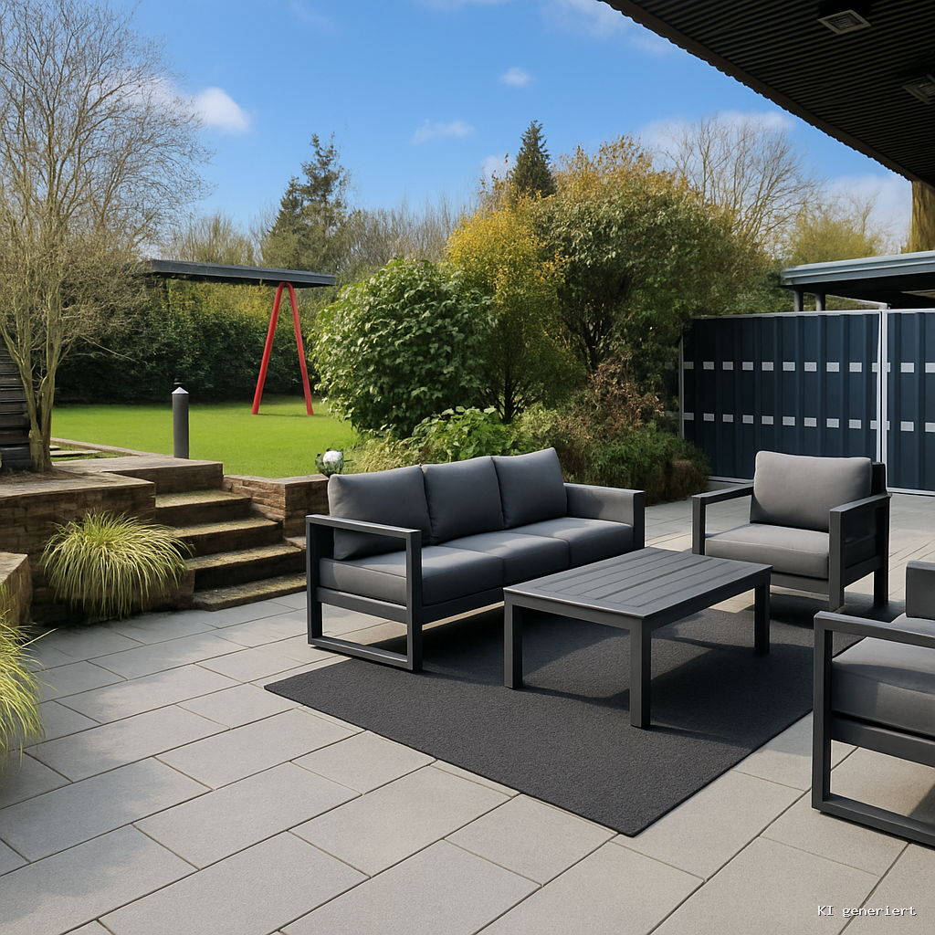 Blick in den Garten mit Einrichtungsbeispiel